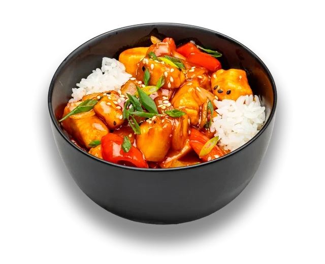 Домбури с курицей в кисло сладком соусе